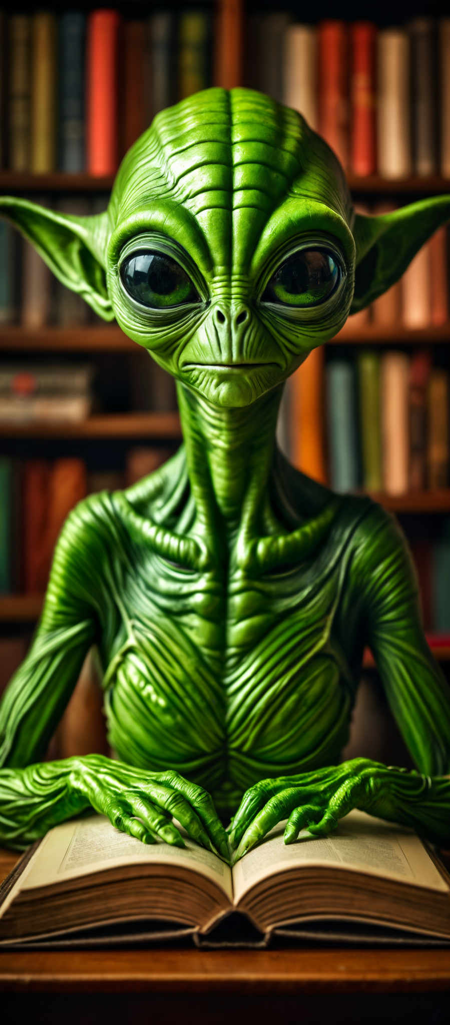 A green alien with a large head and small body stands in front of a bookshelf.