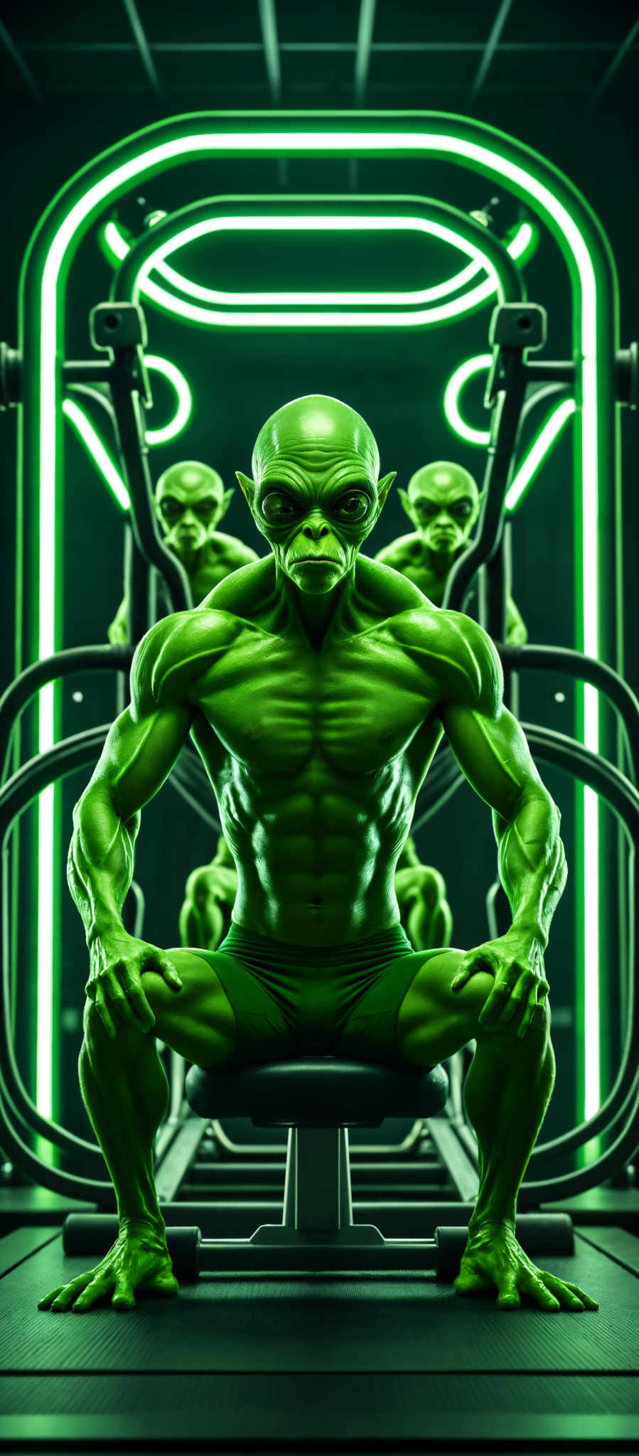 A muscular alien with green skin and a bald head is sitting on a green exercise machine.