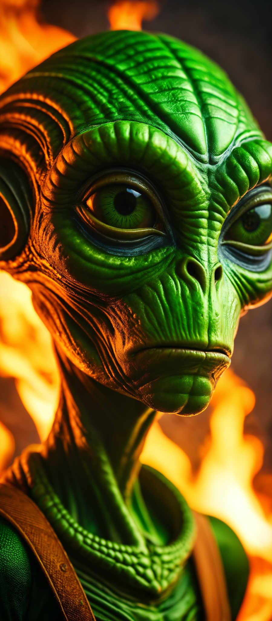 A close up of a green alien face with a yellow eye.