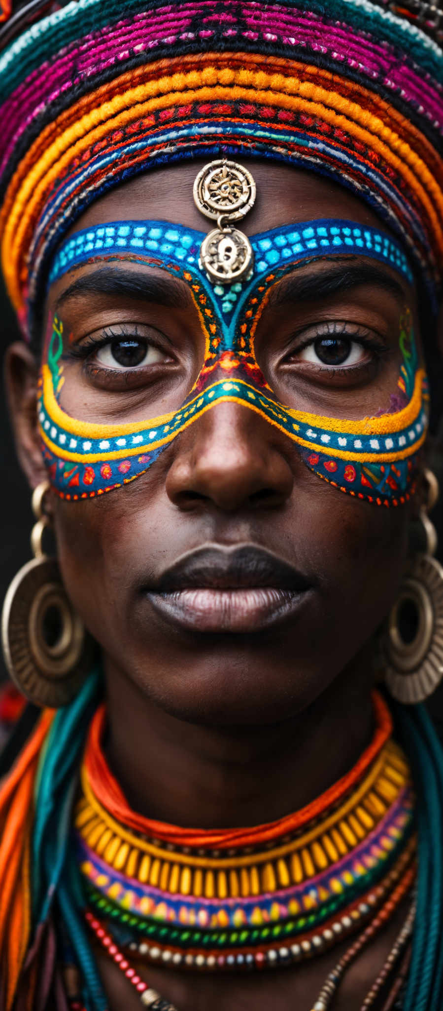 A woman wearing a colorful mask with a blue and yellow design on her eyes.