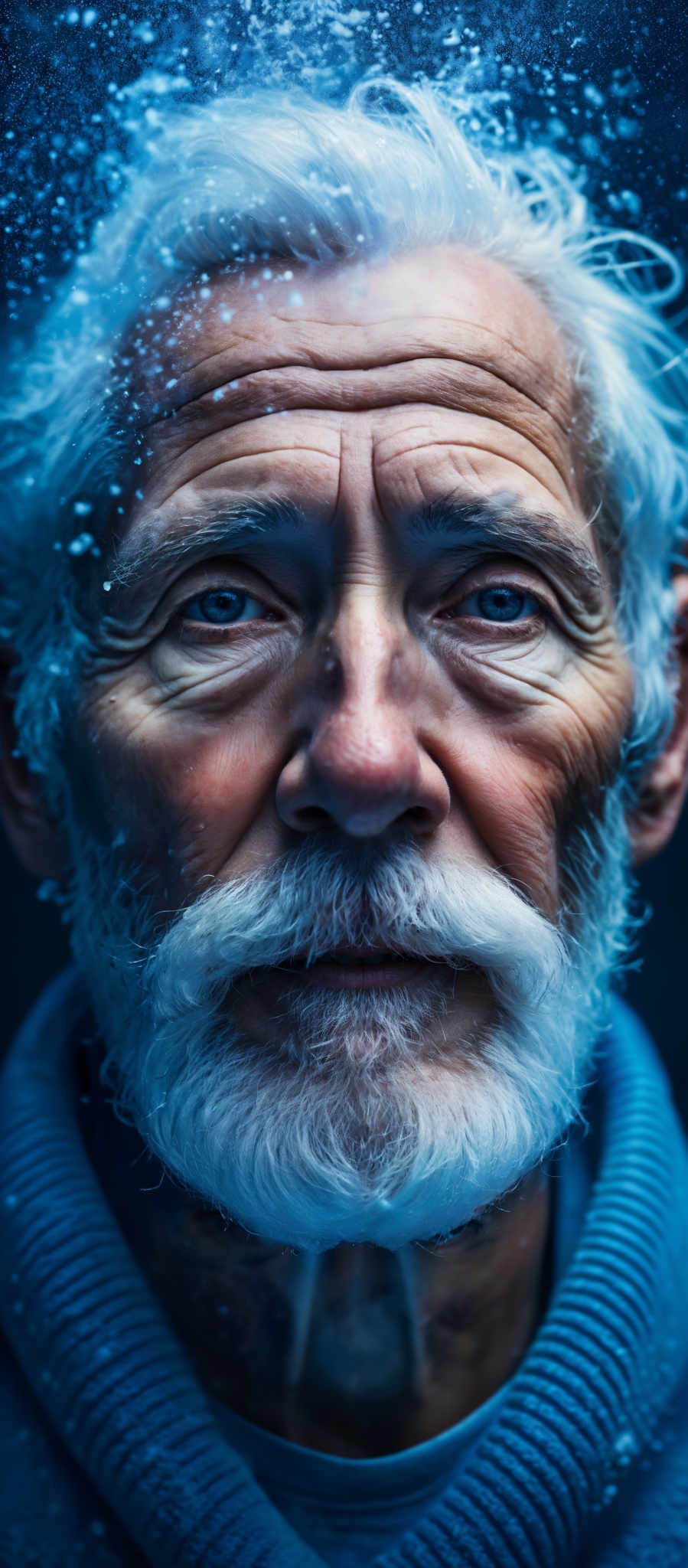 A man with a blue shirt and white beard.