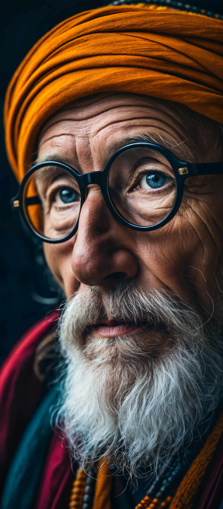 A man with a red scarf and glasses is looking at the camera.