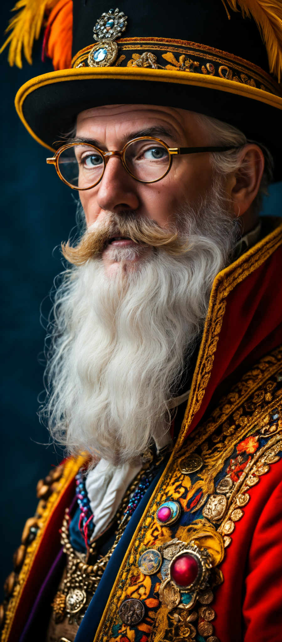 A man with a long white beard and mustache is wearing a red and gold coat.