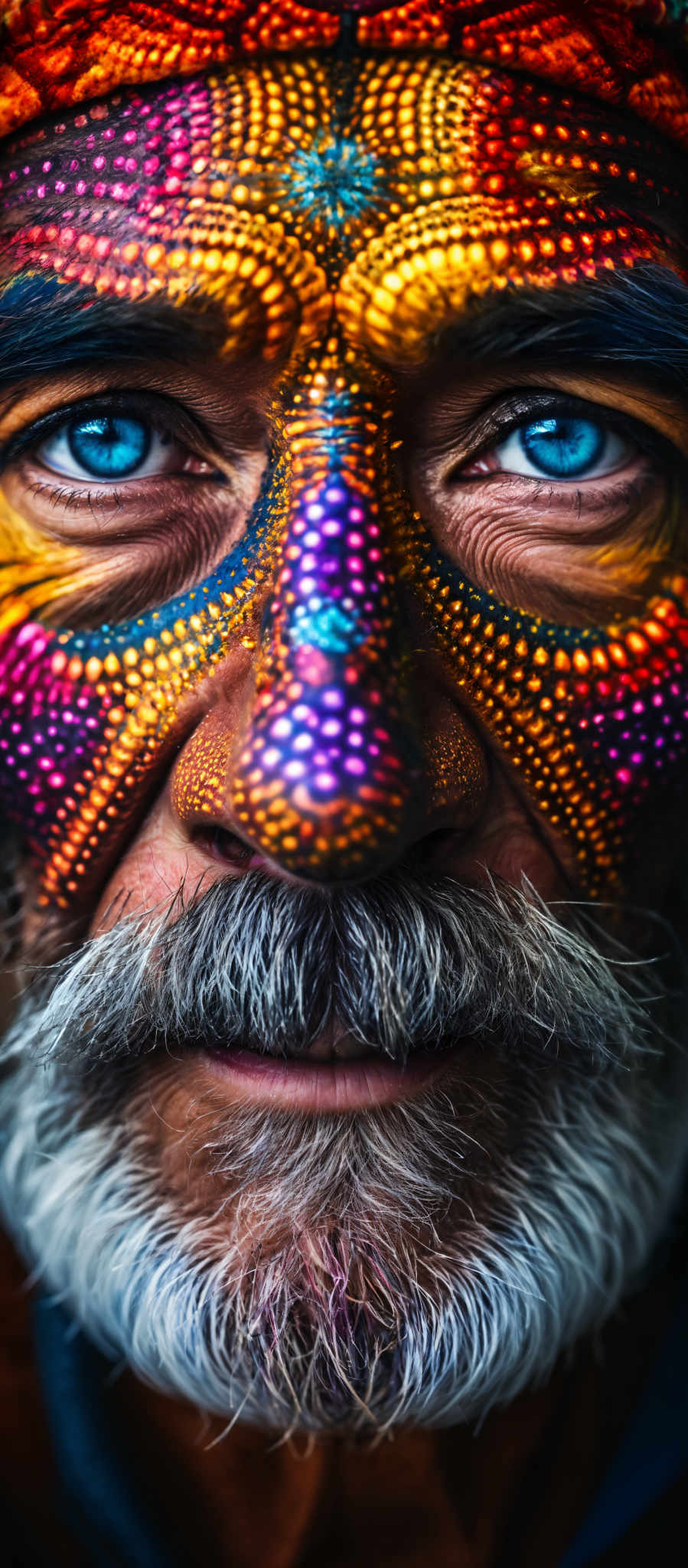 A close up of a man's face with a colorful paint job on his nose and cheeks.