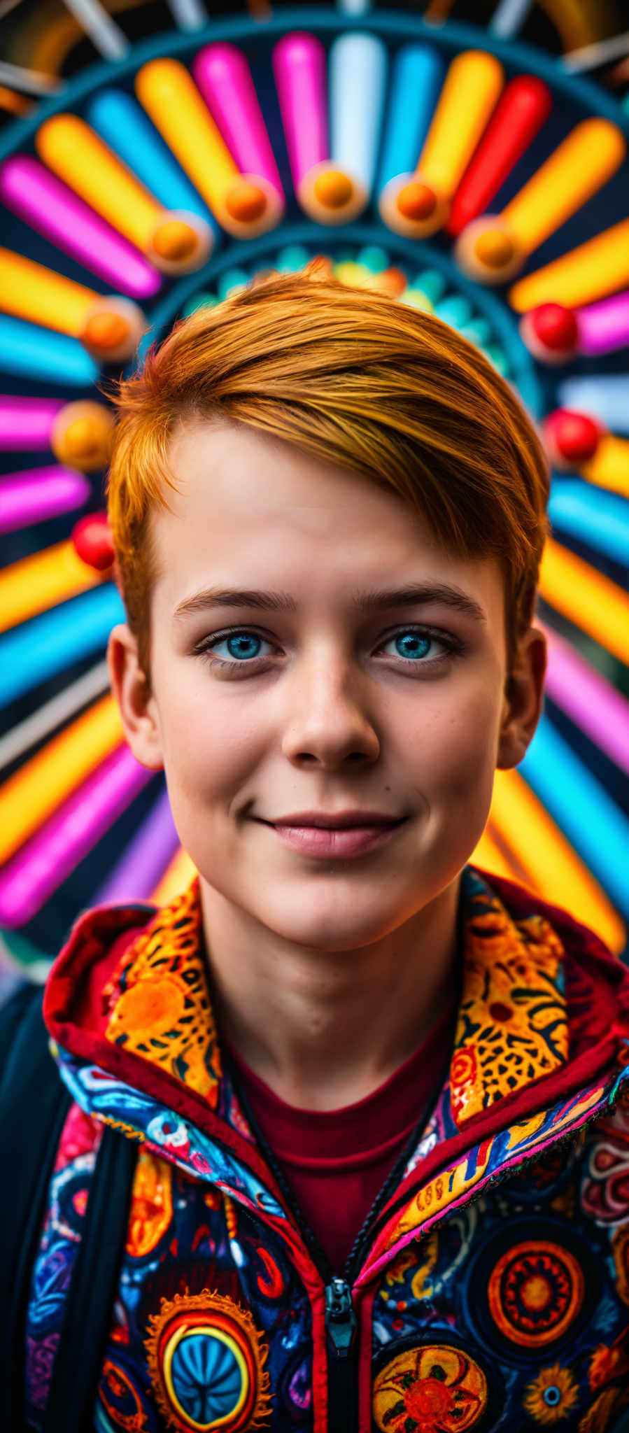 A young boy with blue eyes and blonde hair is wearing a colorful shirt.