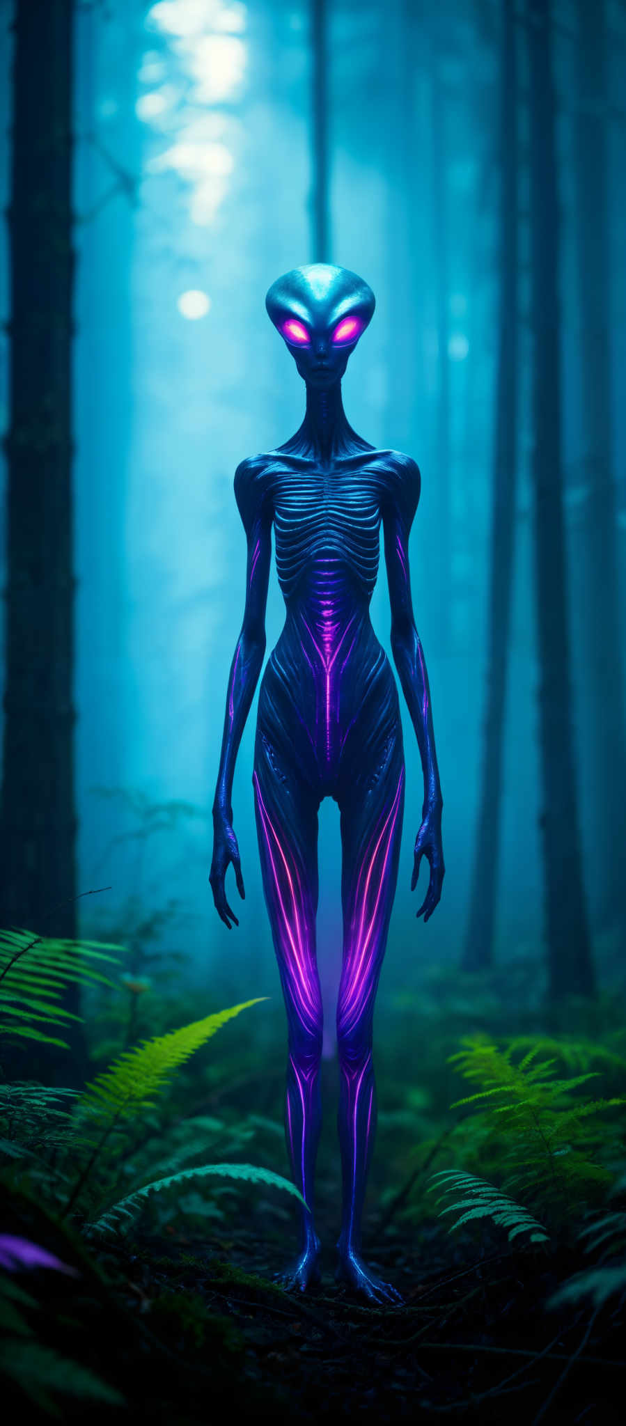 A blue alien with purple lines on its body stands in a forest.