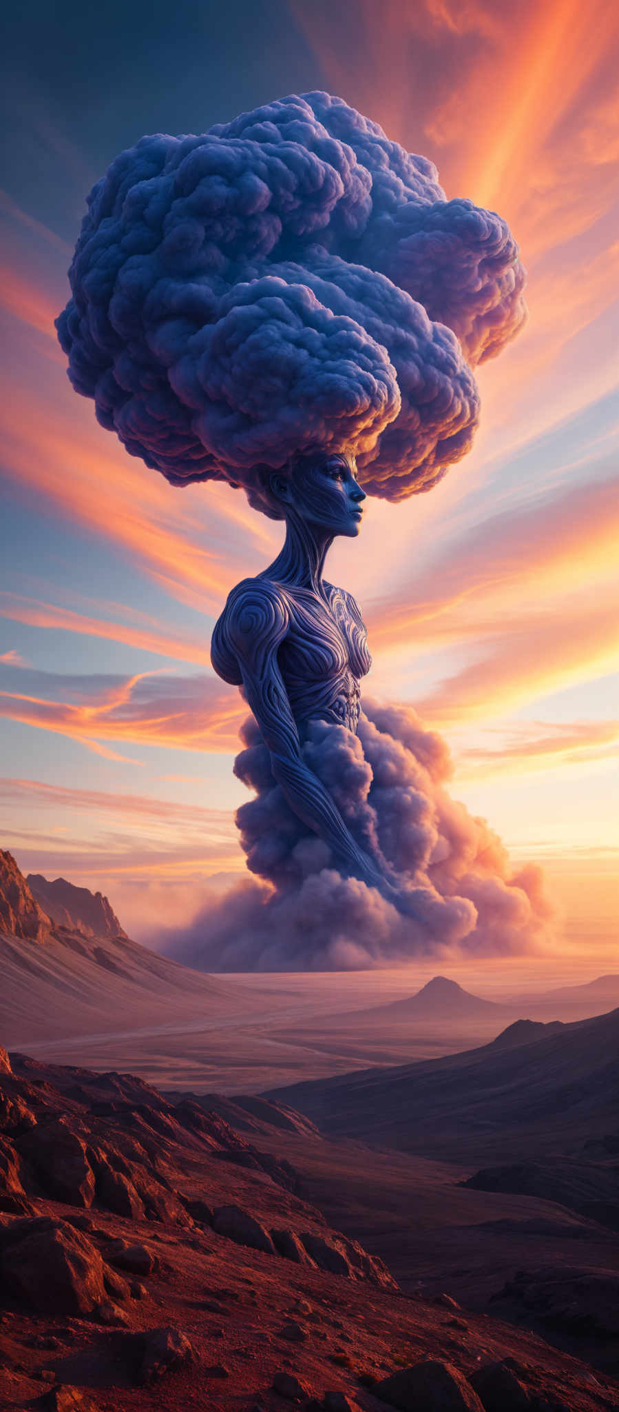 A blue humanoid figure with a large cloud for a head stands in a desert.