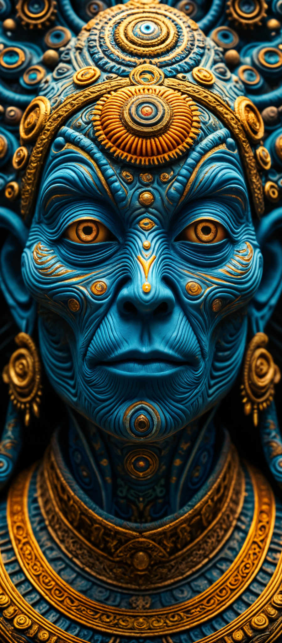 A blue face with gold accents and a gold nose.