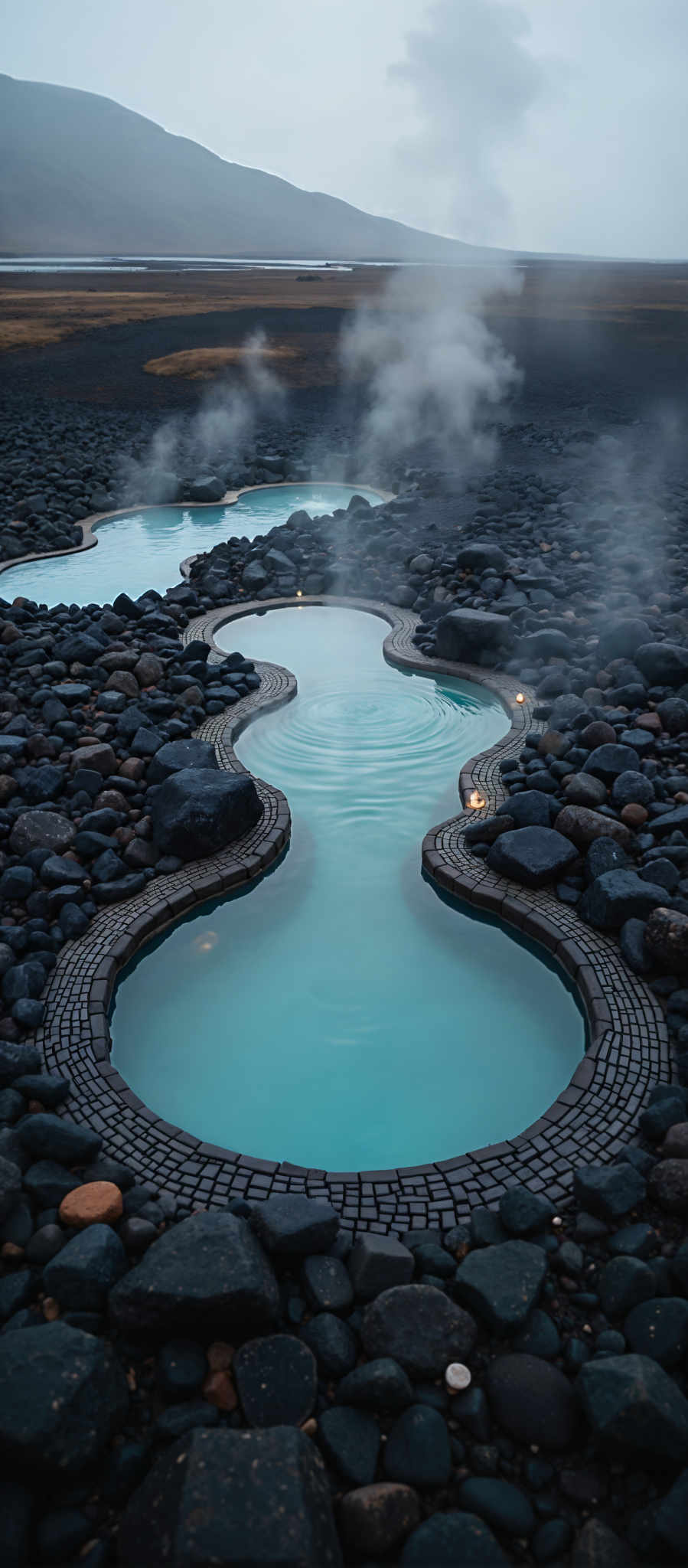 A hot tub with water flowing through it surrounded by rocks.