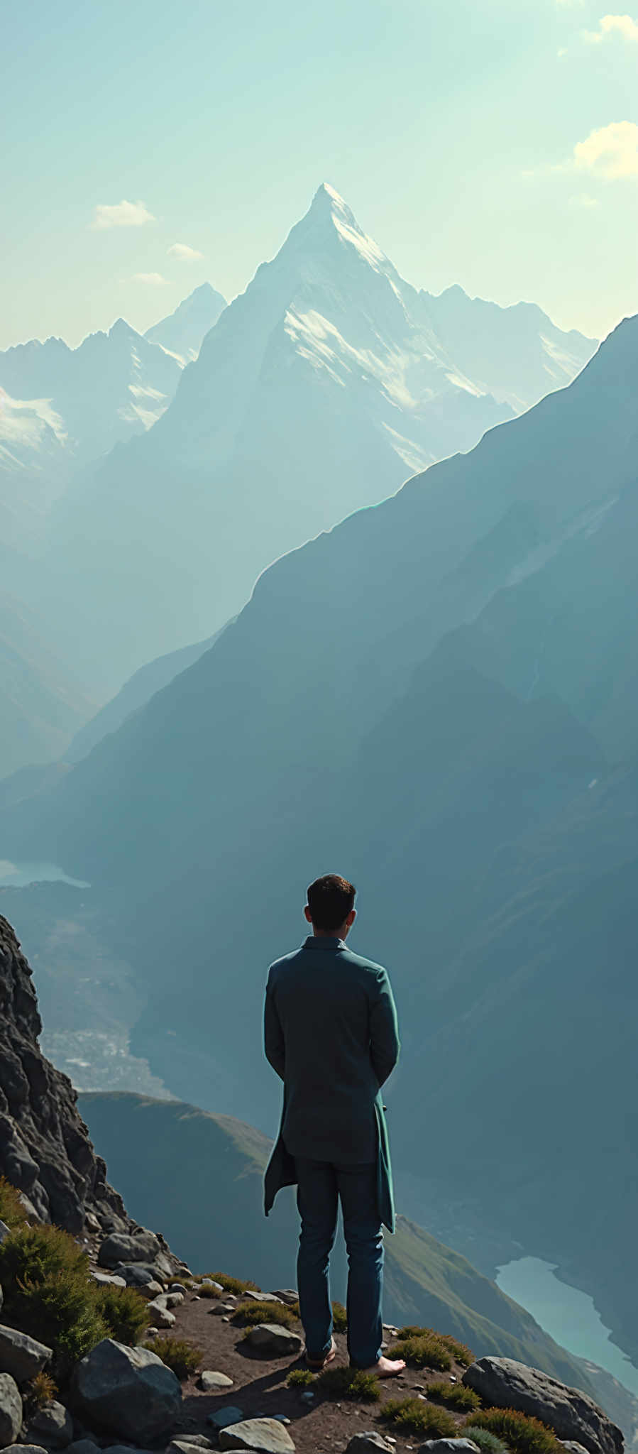 A man in a blue shirt stands on a cliff overlooking a valley.