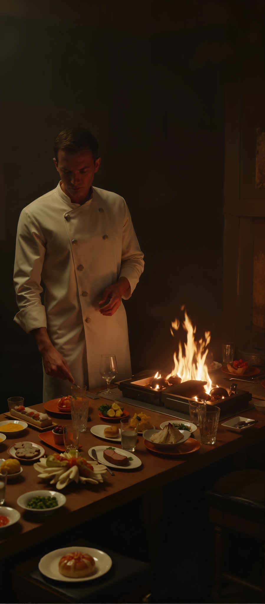 A chef in a white jacket is cooking food on a grill.