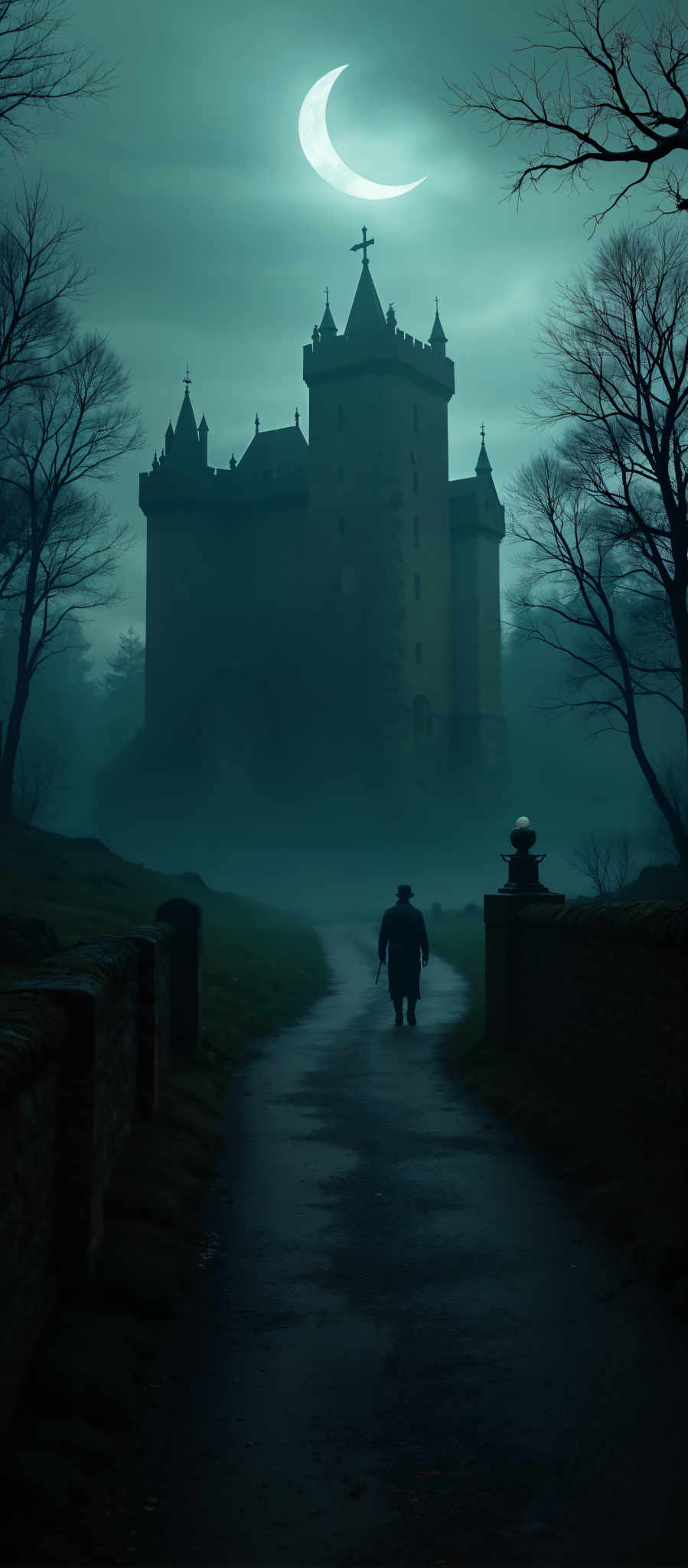 A man in a black suit walks down a foggy path towards a castle.