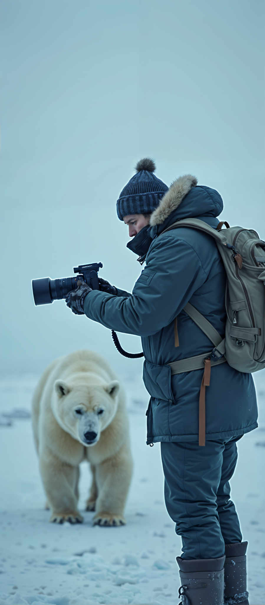 A man in a blue coat and hat is taking a photo of a polar bear.