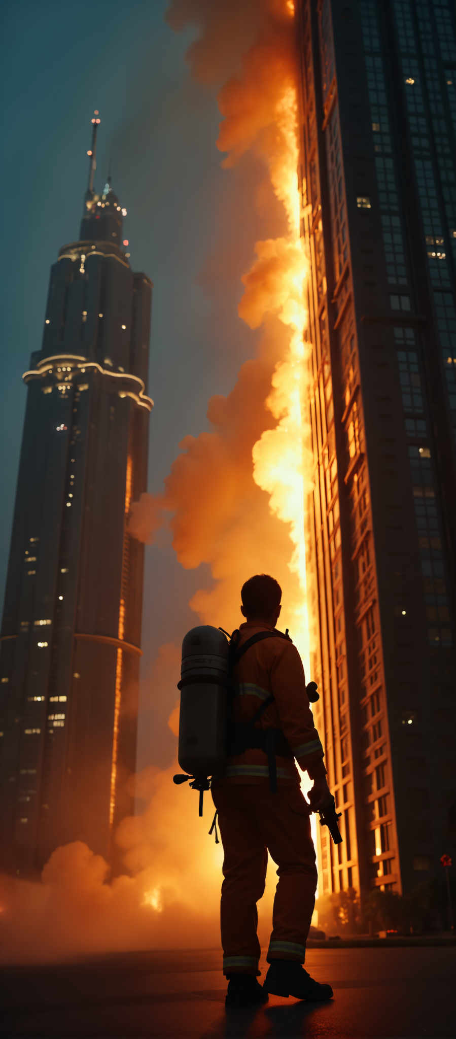 A man in an orange vest stands in front of a large explosion.