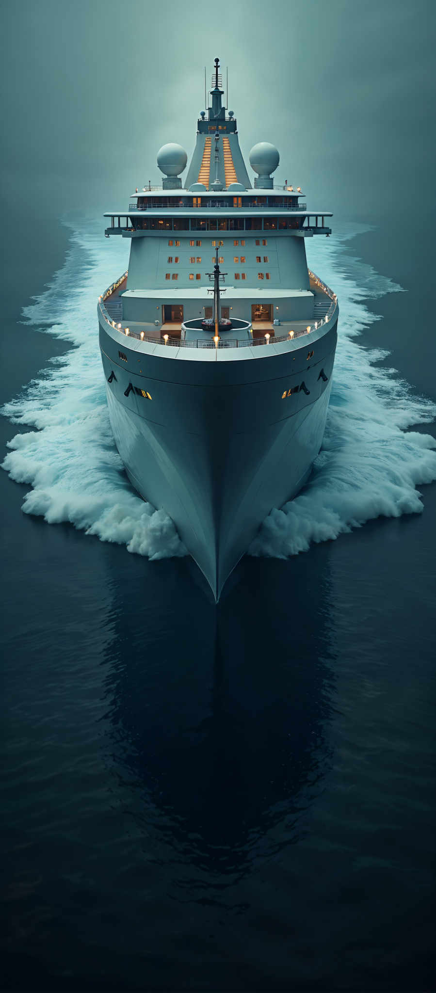 A large ship with a blue hull and white cabin is sailing on a body of water. The ship is moving towards the right side of the photo. The water is a dark blue color and is splashing around the ship creating a wake. The sky is a light blue color. The photo is taken from a high angle looking down on the ship. The image does not contain any text.