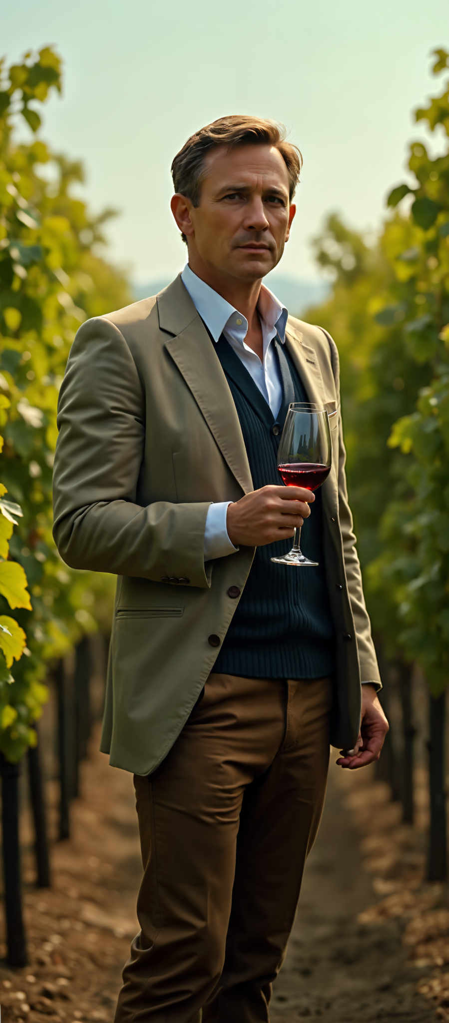 A man in a tan suit and blue shirt holds a glass of red wine.