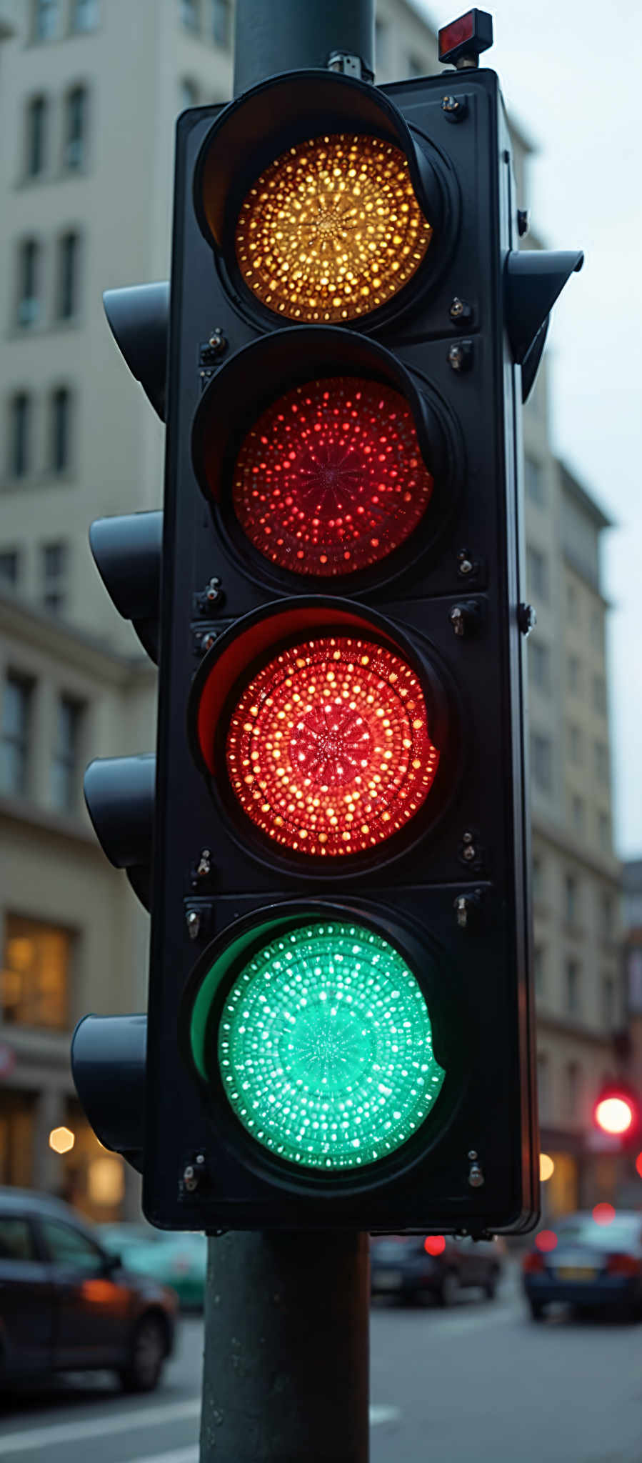 A traffic light with three lights red yellow and green.