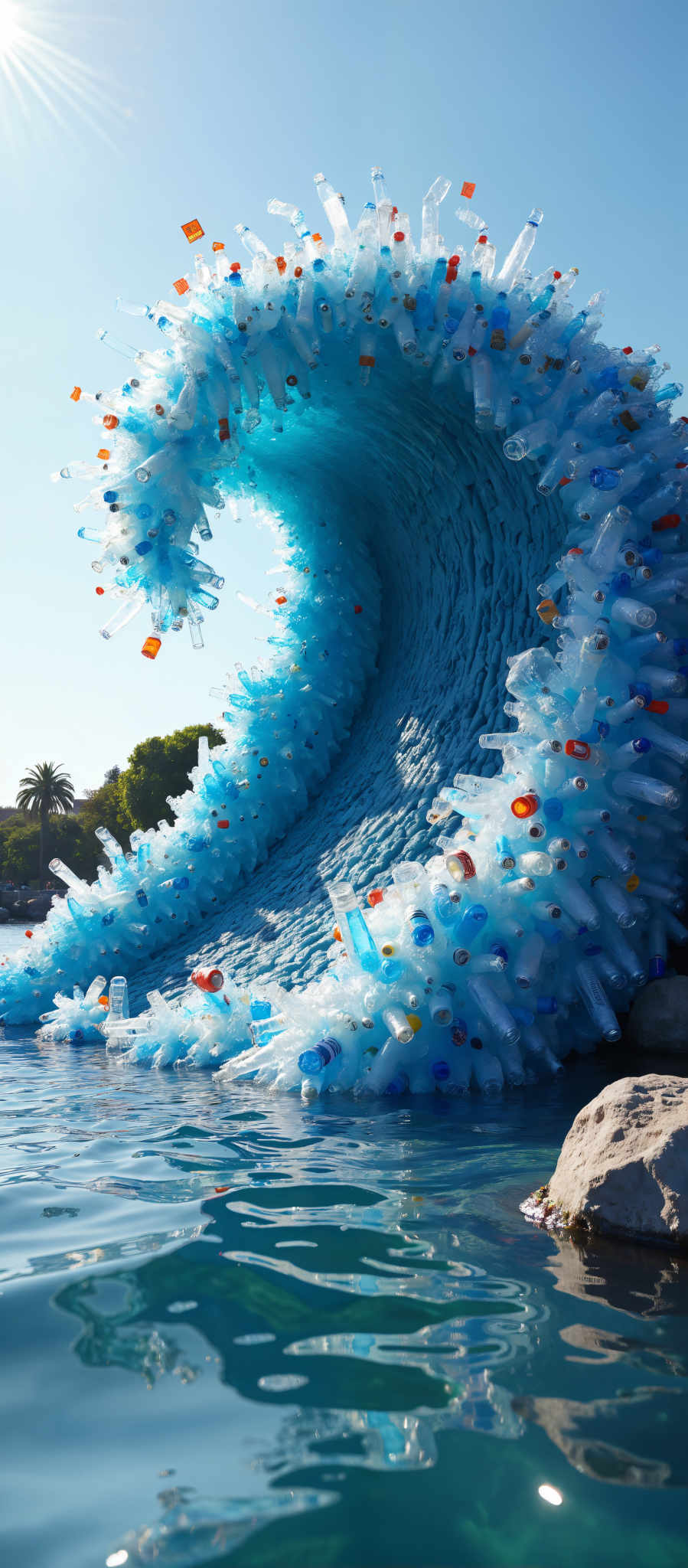 A large sculpture of plastic bottles in the shape of a wave.