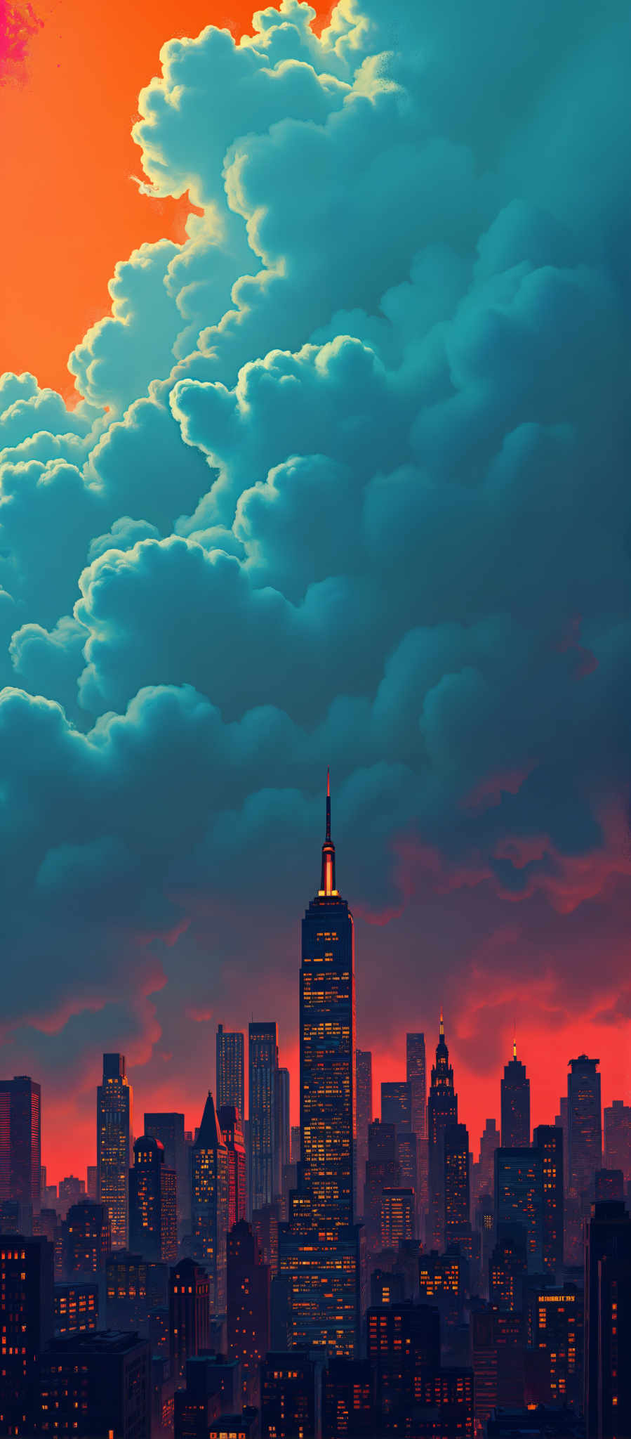 The image shows a city skyline at sunset. The sky is filled with clouds and the sun is setting behind the buildings. The tallest building in the skyline is a skyscraper with a pointed top. The buildings are lit up with lights creating a beautiful contrast against the darkening sky. The city appears to be bustling and vibrant even as the day comes to an end. The colors in the image are predominantly blue orange and red adding to the overall atmosphere of the scene. The image does not contain any text or other discernible objects. The relative positions of the buildings suggest a well-planned urban layout with the tallest building centrally located. The sunset and the city lights create a sense of depth and perspective in the scene making it appear three-dimensional. The overall composition of the photo suggests a harmonious blend of natural and man-made elements.