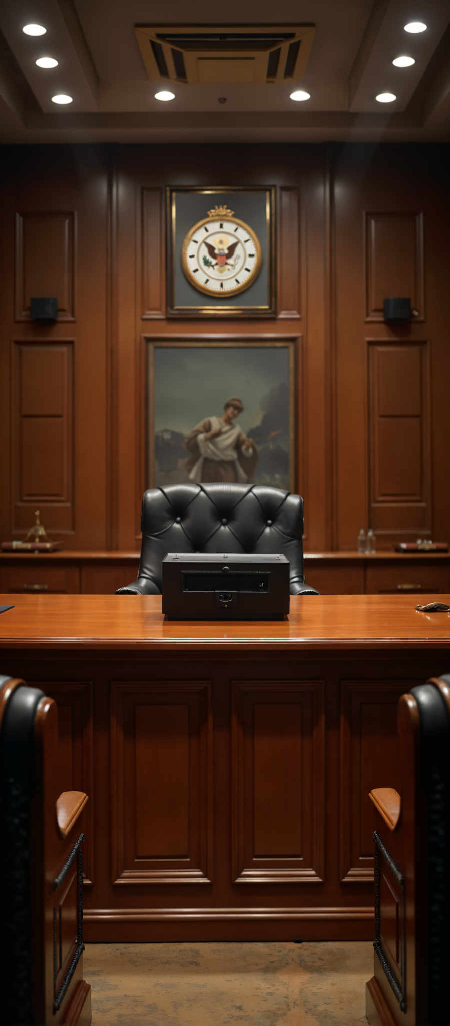 A painting of a man in a suit is hung above a black leather chair. The chair is positioned in front of a desk which holds a black box. The desk is situated in a room with wooden paneling and a wooden floor.