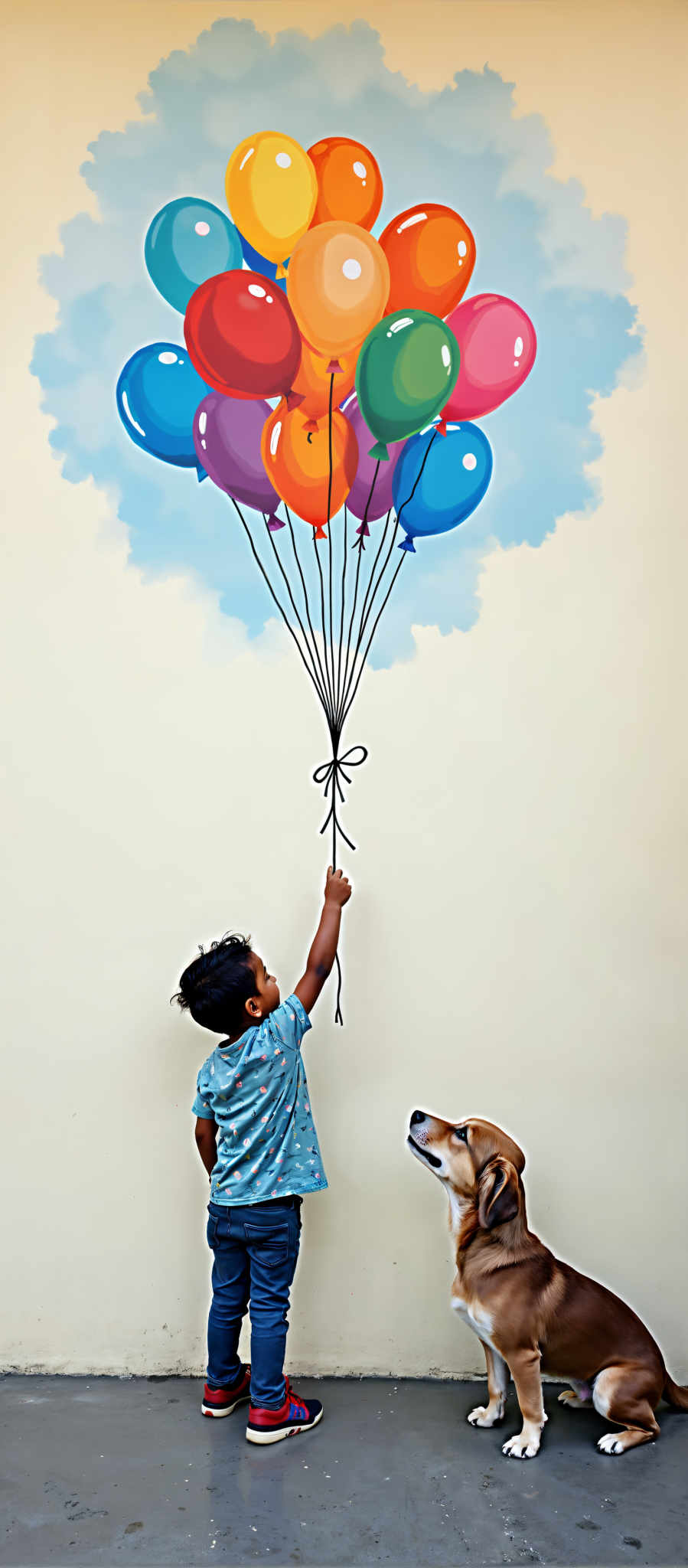 A child in a blue shirt is holding a bunch of colorful balloons.