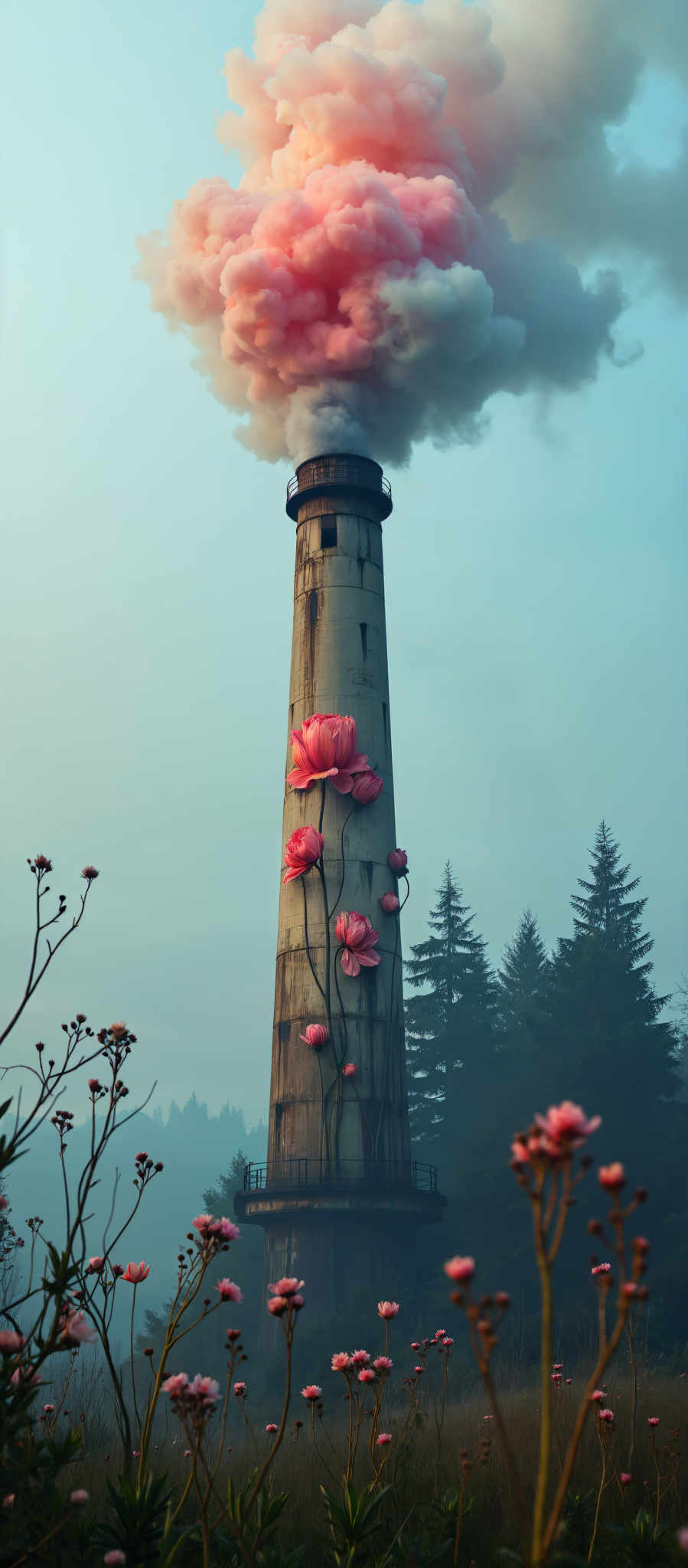 A tall smokestack with pink flowers on it.