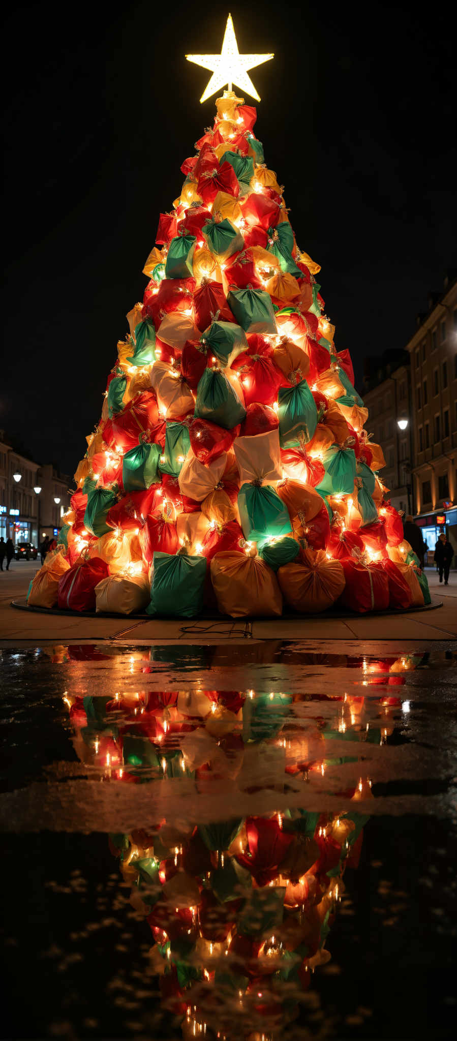 A large tree made of bags of trash lit up with lights.