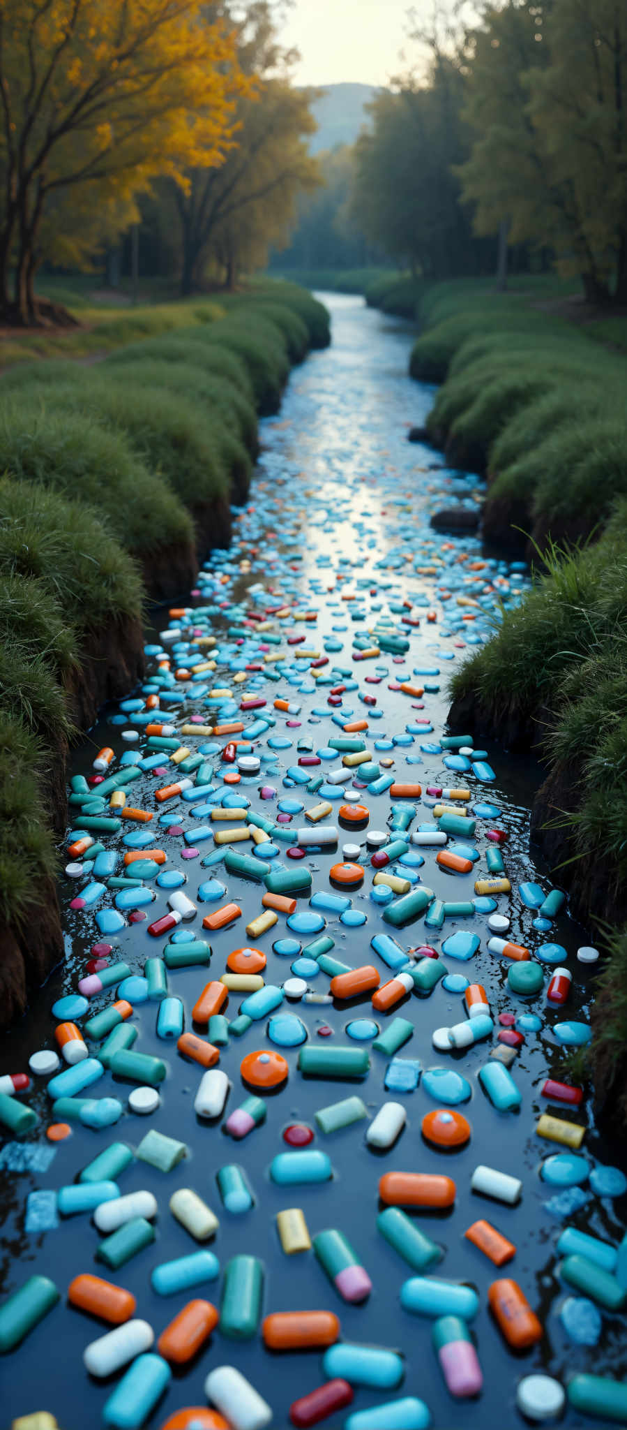 A river filled with colorful pills and capsules.