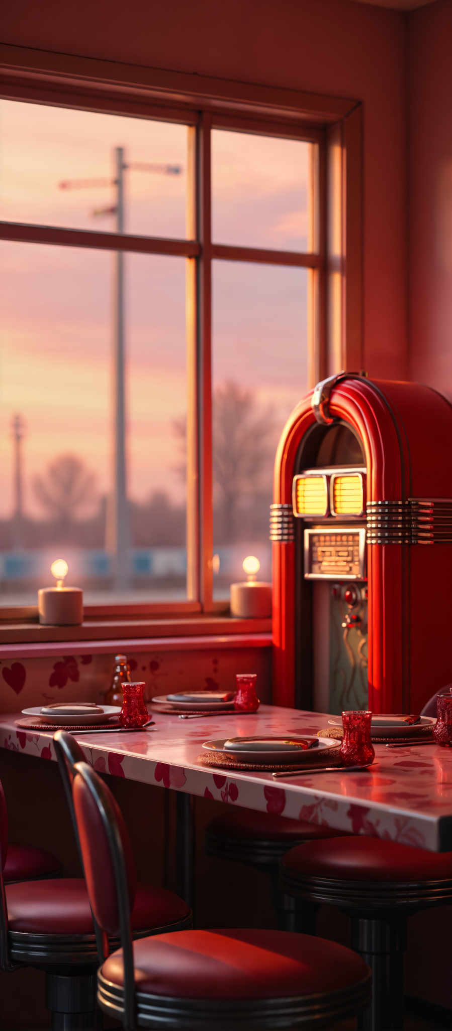 A red jukebox with a neon sign that reads "rock and roll" sits in a restaurant.