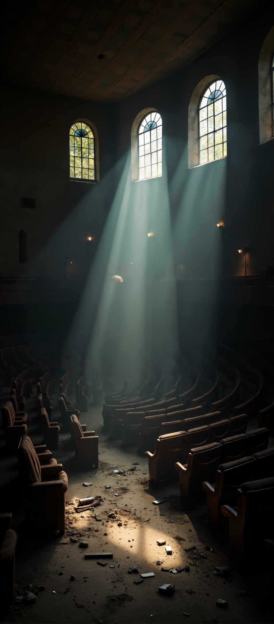 A large auditorium with rows of wooden chairs facing a stage. The stage is bathed in light from a large window in the ceiling. The light creates a dramatic shadow on the stage adding depth and drama to the scene. The chairs are arranged in a semi-circle creating a semi-circular seating area. The auditorium is empty waiting for an audience to fill the seats. The large window is the only source of light in the room creating an atmosphere of anticipation. The image captures the quiet before a performance the calm before the storm.