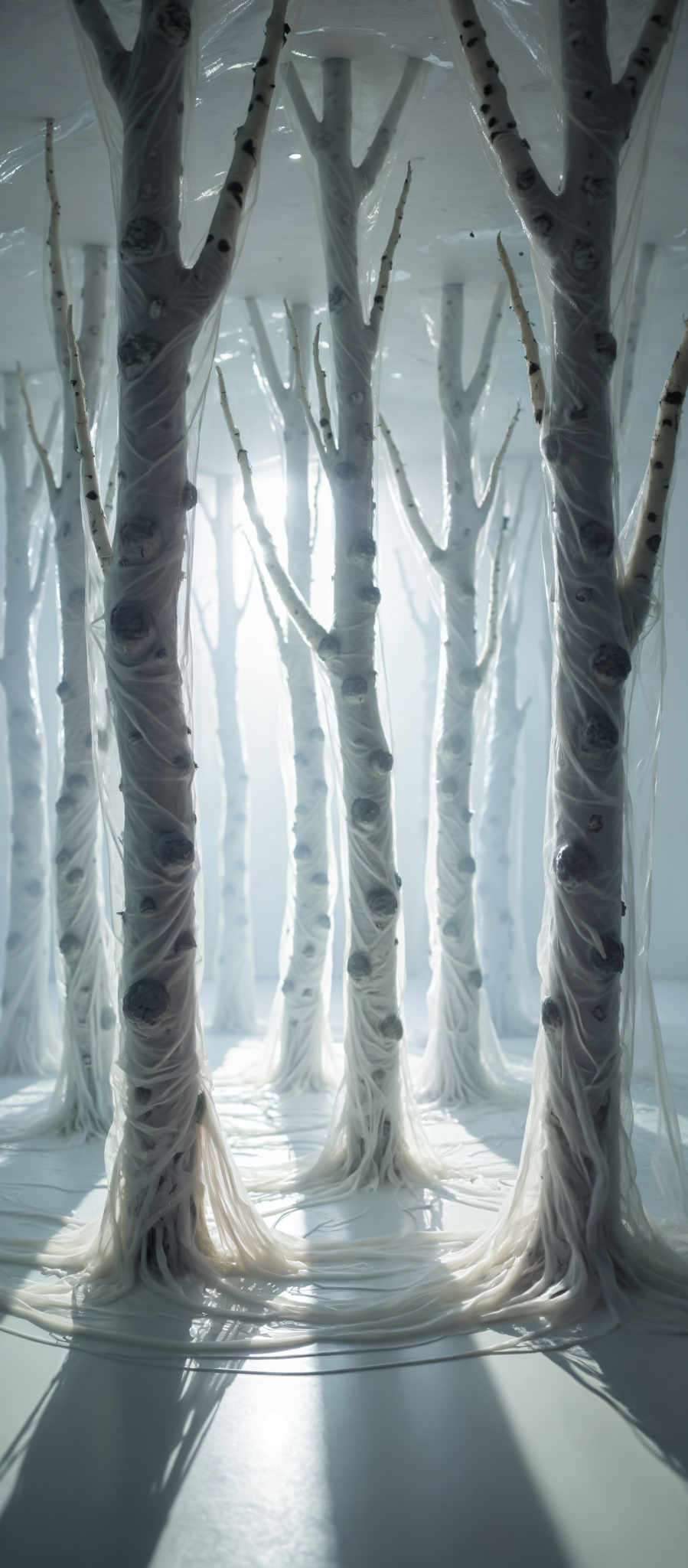 A forest of trees with white trunks and branches.