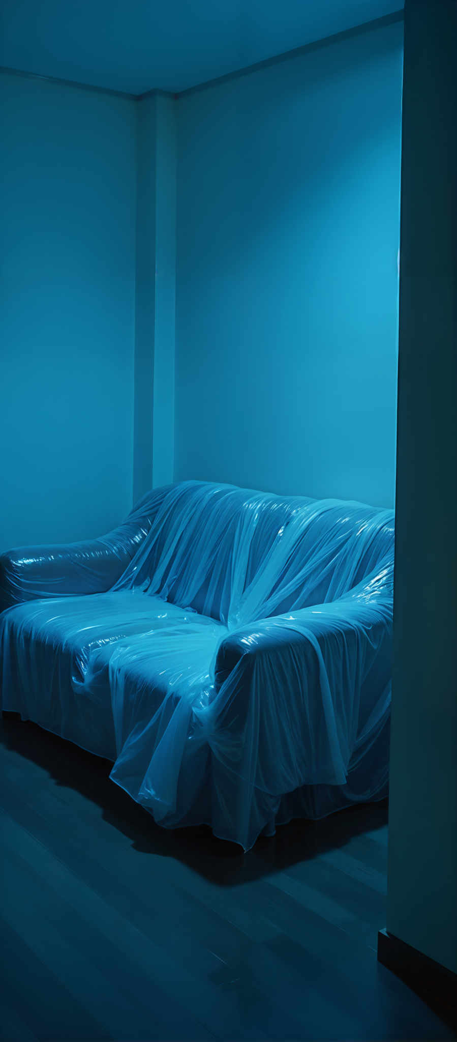 A blue couch covered in plastic wrap.