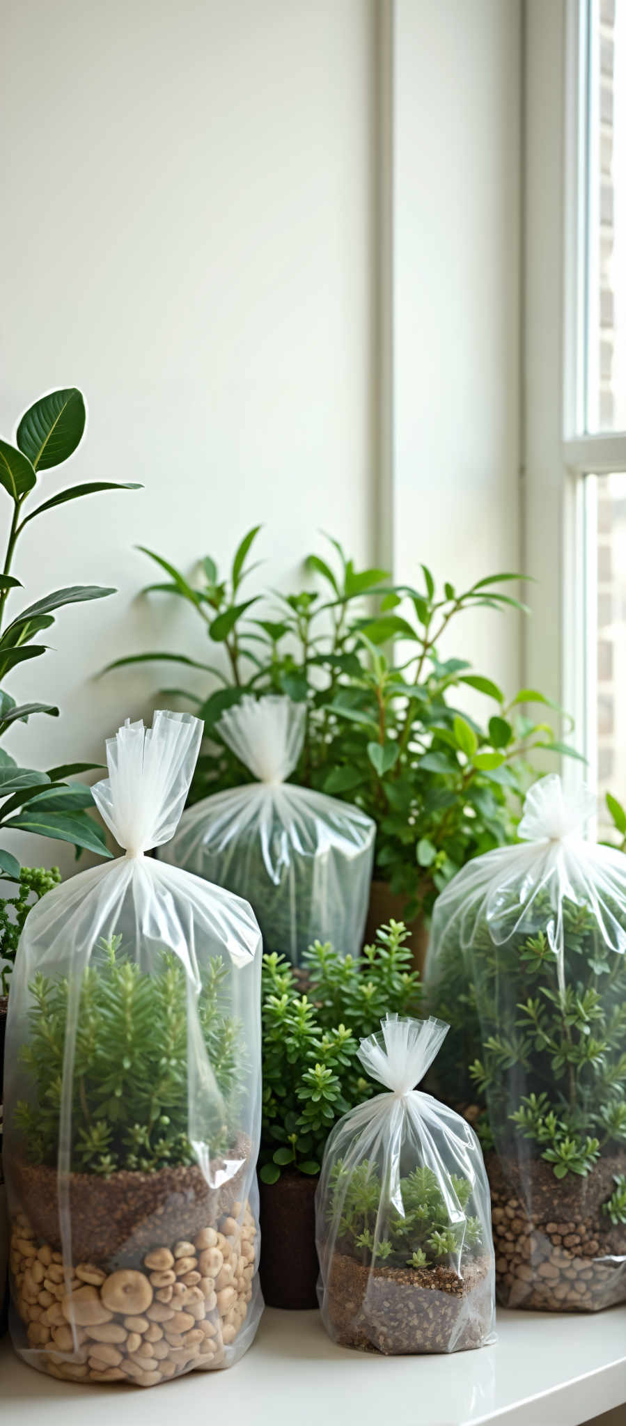 A group of potted plants with clear plastic bags over them.