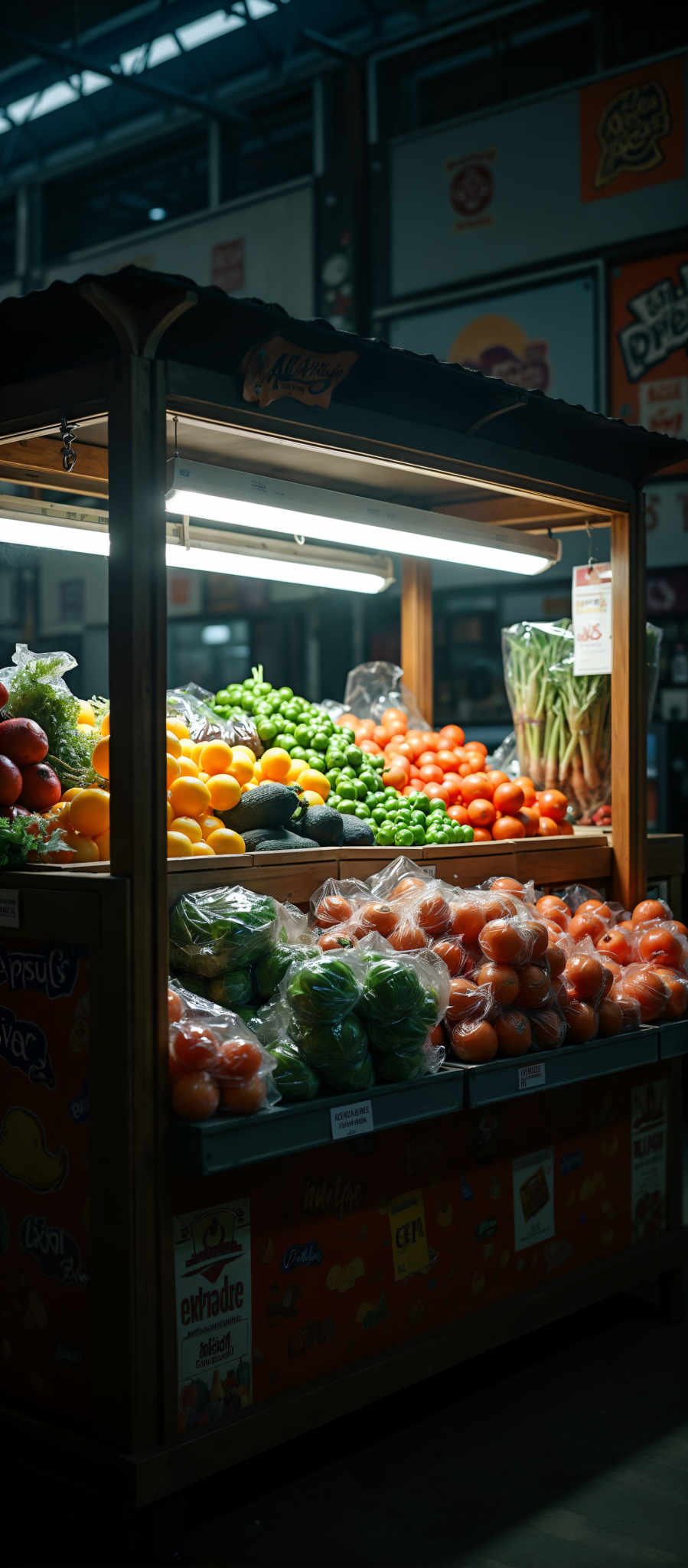 A market display case filled with a variety of fruits and vegetables. The case is divided into three sections. On the top shelf there are bags of green peppers and tomatoes. The middle shelf is filled with bags of oranges and limes. The bottom shelf contains bags of apples and oranges. The background is dark which makes the colors of the fruits and veggies stand out.