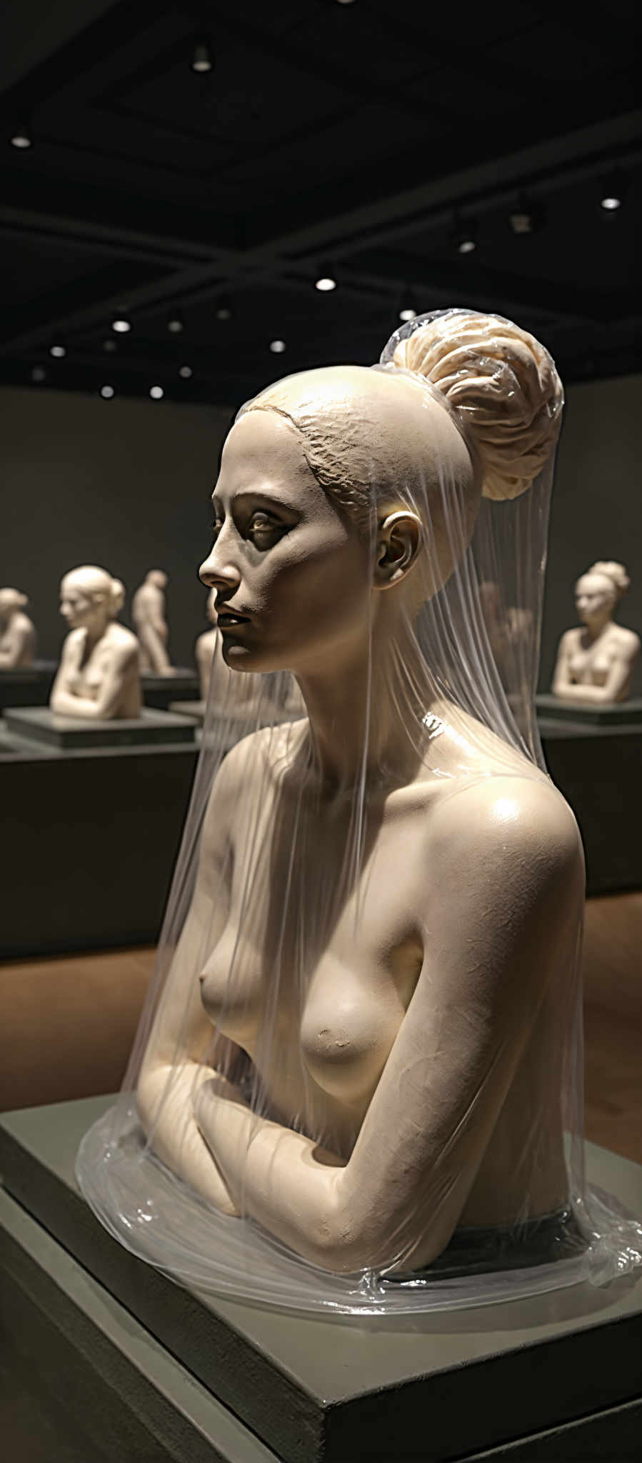 A white sculpture of a woman with a veil on her head.