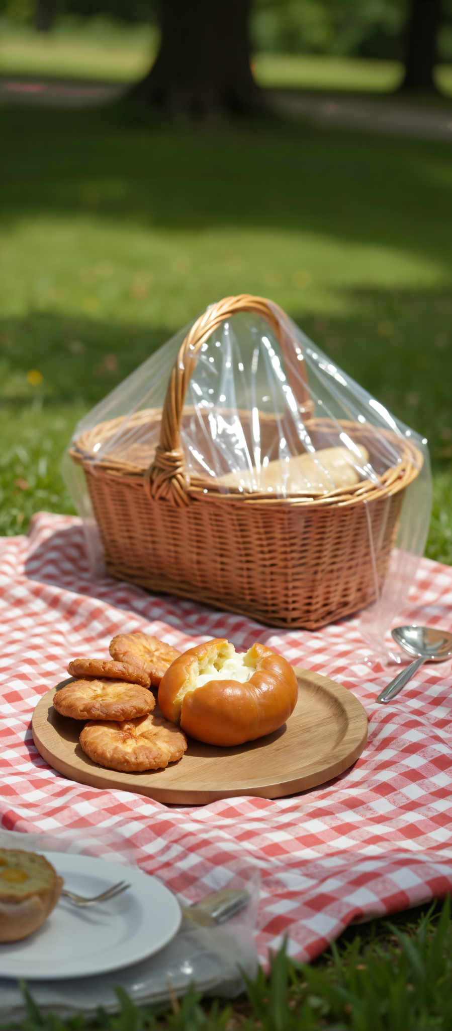 A picnic scene with a basket of bread a plate of cookies and a spoon on a red and white checkered blanket.