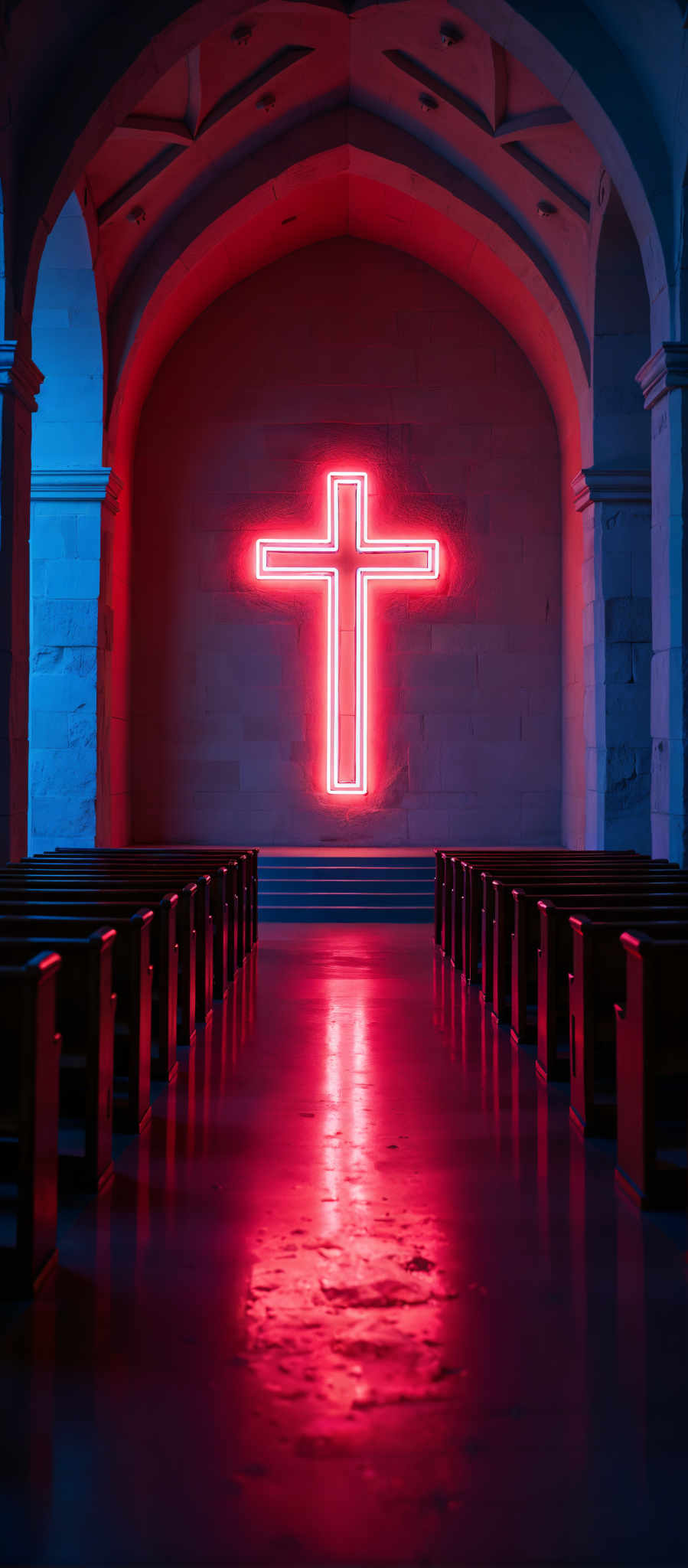 A large neon cross is the focal point of this image. It is set against a backdrop of a blue wall which is adorned with a red neon cross. The cross is illuminated casting a warm glow that contrasts with the cool tones of the wall. The image is taken from the perspective of the pews which are arranged in neat rows facing the cross. Each pew is made of dark wood providing a stark contrast to the vibrant colors of the cross and wall. Despite the simplicity of the scene the image conveys a sense of tranquility and reverence.