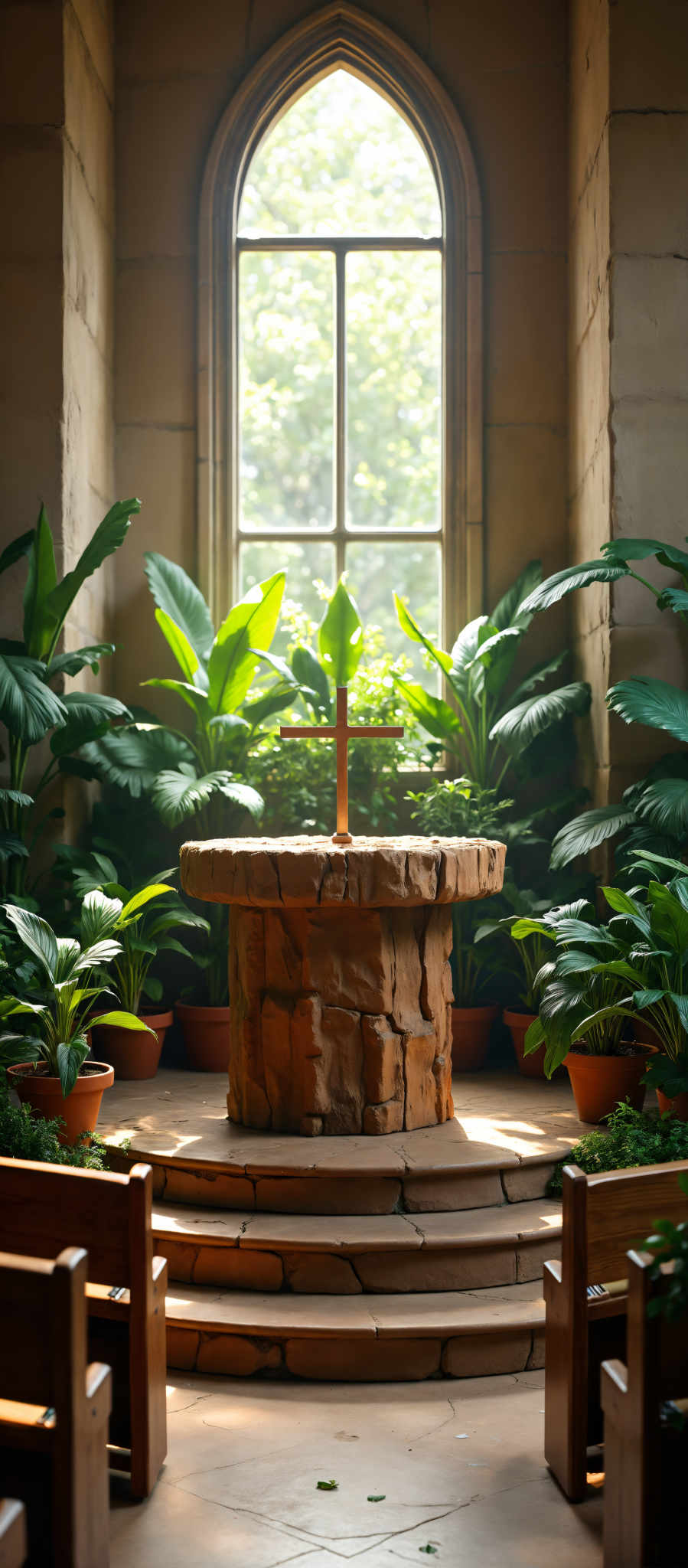 A stone cross is surrounded by potted plants.