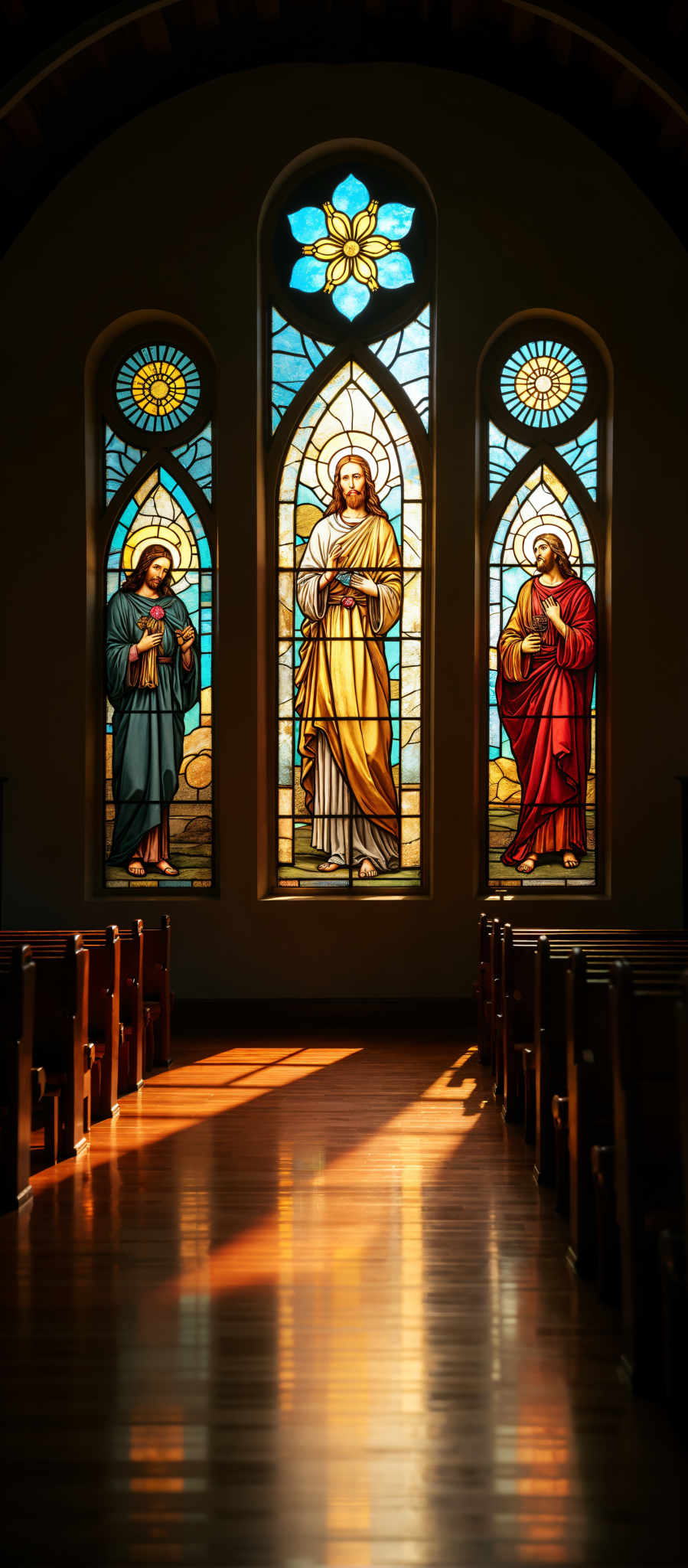 Three stained glass windows in a church. Each window features a different religious figure. The figures are depicted in robes and holding books. The windows are set in a wooden frame and are located in a room with wooden pews. The colors of the windows are predominantly blue red and yellow. The window on the left is blue the one in the middle is red the window on right is yellow.