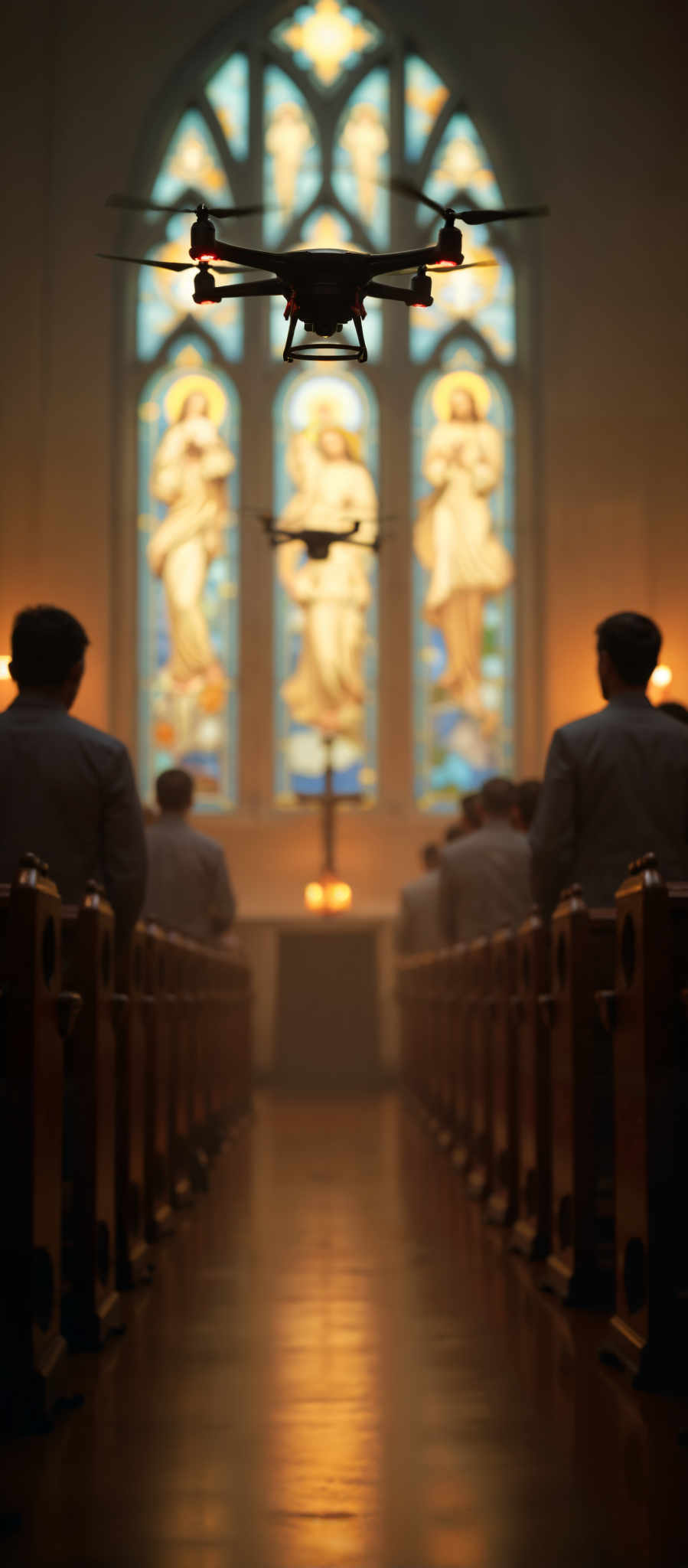 A group of people stand in a church their backs to the camera as they look at a stained glass window. The window is a beautiful mosaic of blue green and yellow glass pieces. It depicts a religious figure surrounded by angels. The figure is holding a book and the angels are holding musical instruments. The people are standing in rows of wooden pews their attention captivated by the window.