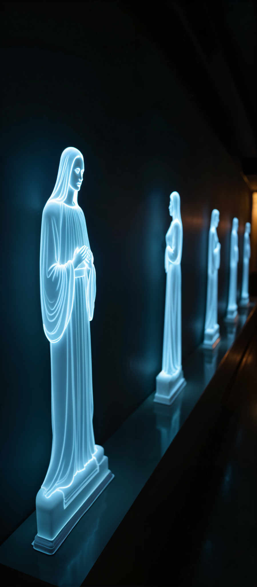 A series of blue neon statues of women in long robes.