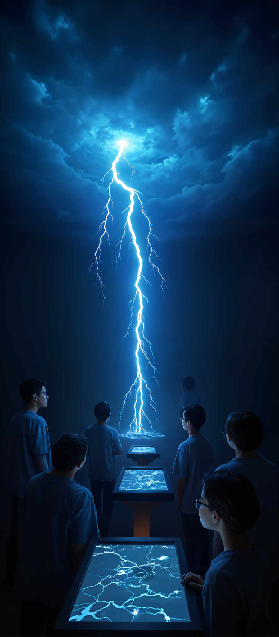 A group of people are standing in front of a blue lightning bolt.