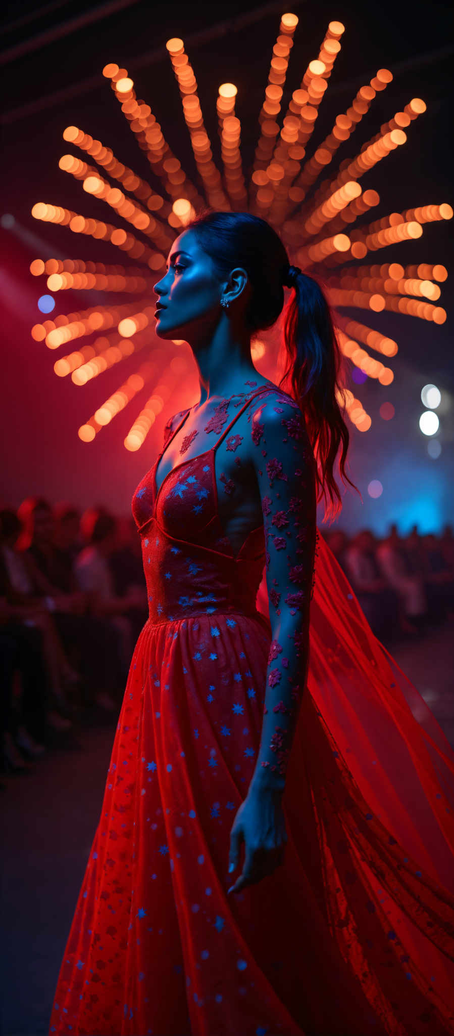 A woman in a blue dress with red flowers on it.