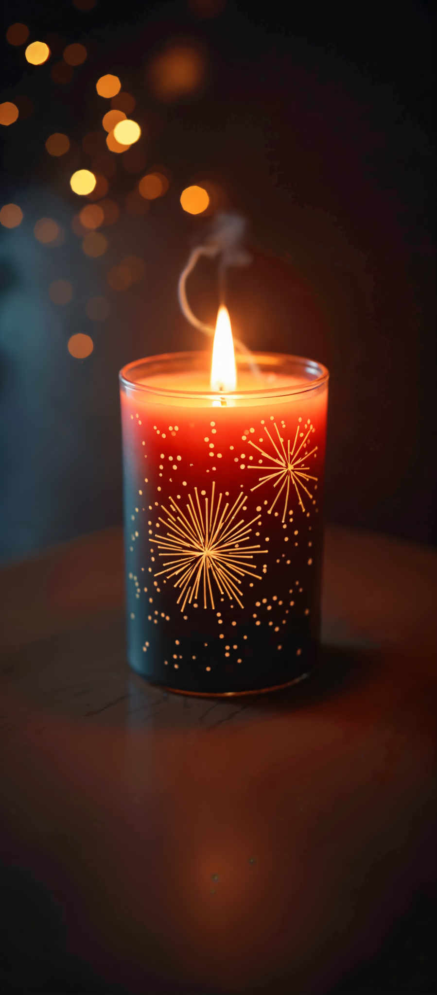 A candle with a starry design on it is lit.