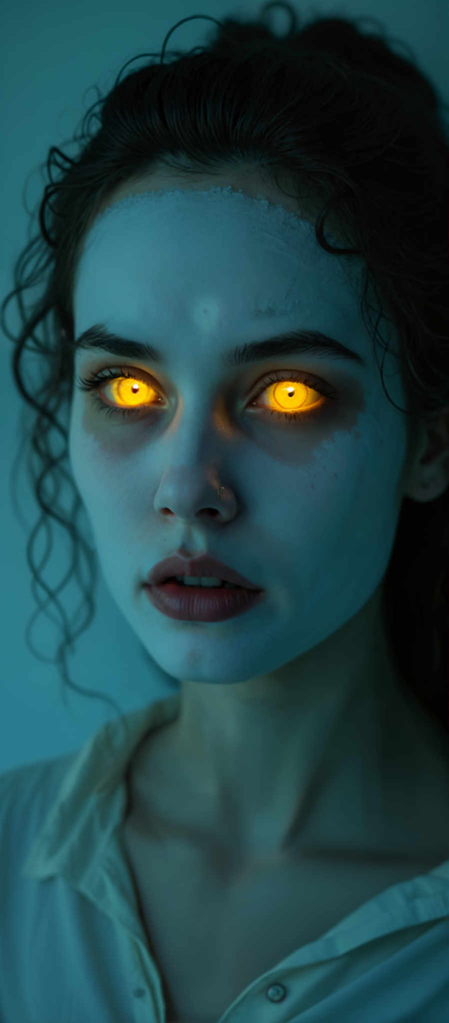 A woman with a blue face paint and glowing yellow eyes.