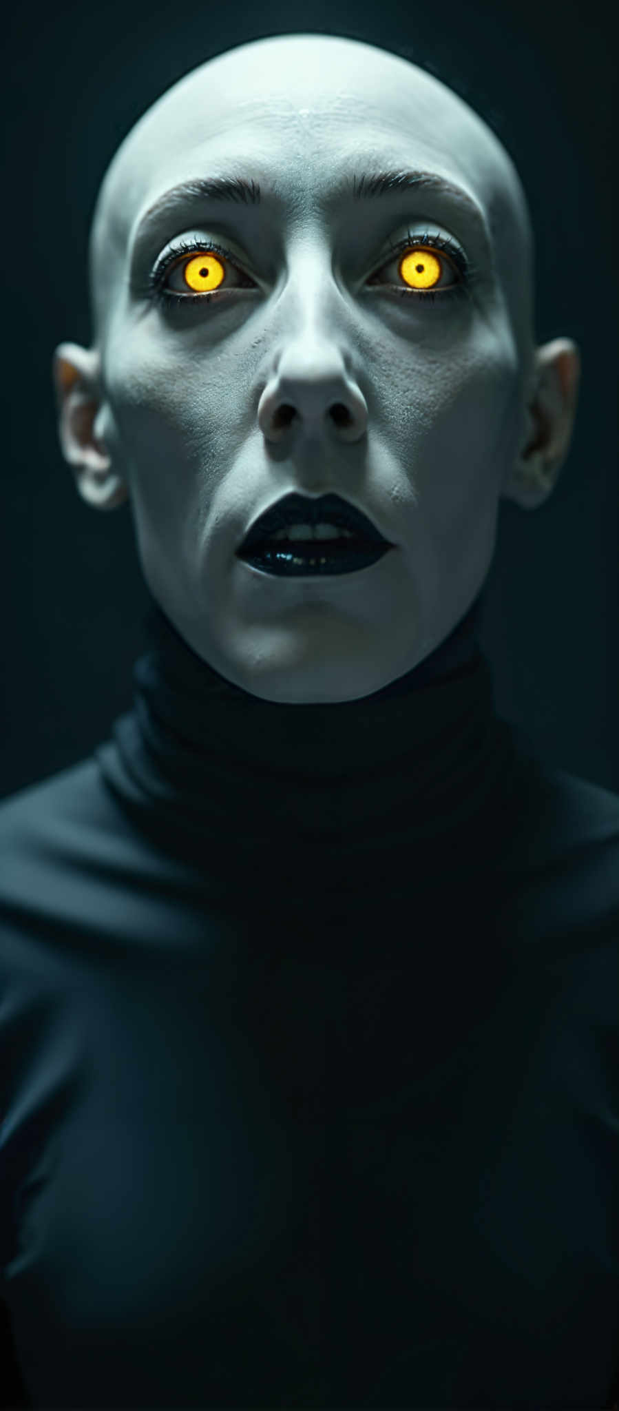 A close up of a person's face with a black turtleneck and black lipstick.