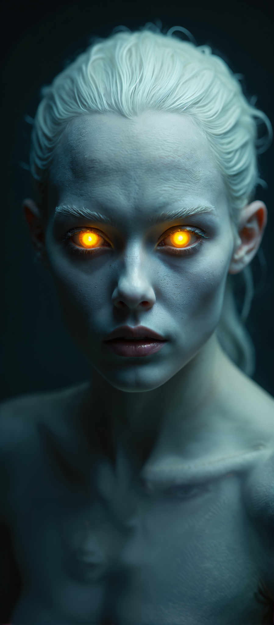 A woman with glowing yellow eyes stares into the camera.