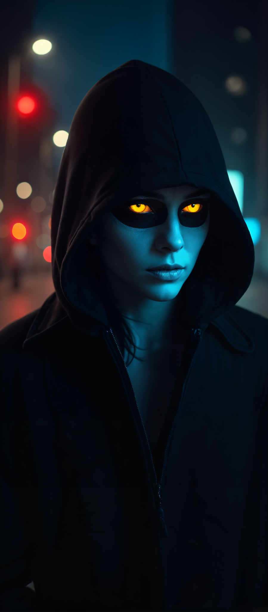 A woman with a blue face and yellow eyes is wearing a black hooded jacket.