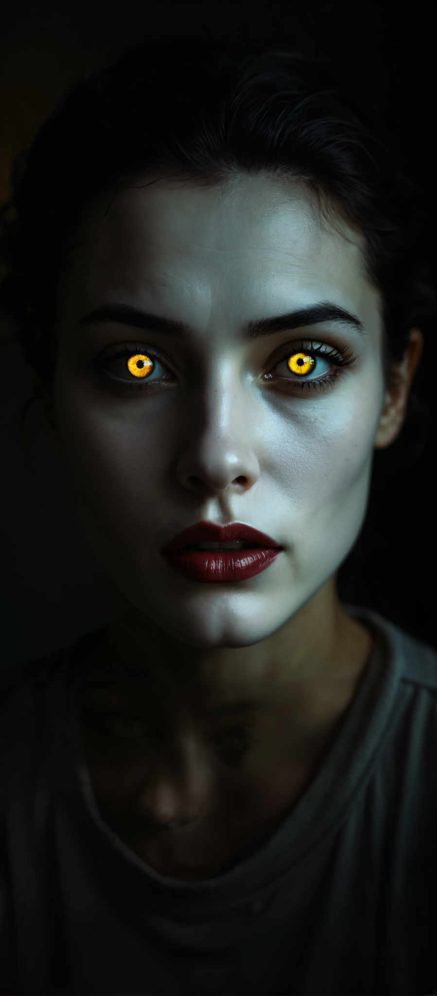 A woman with a red lipstick and yellow eyes.