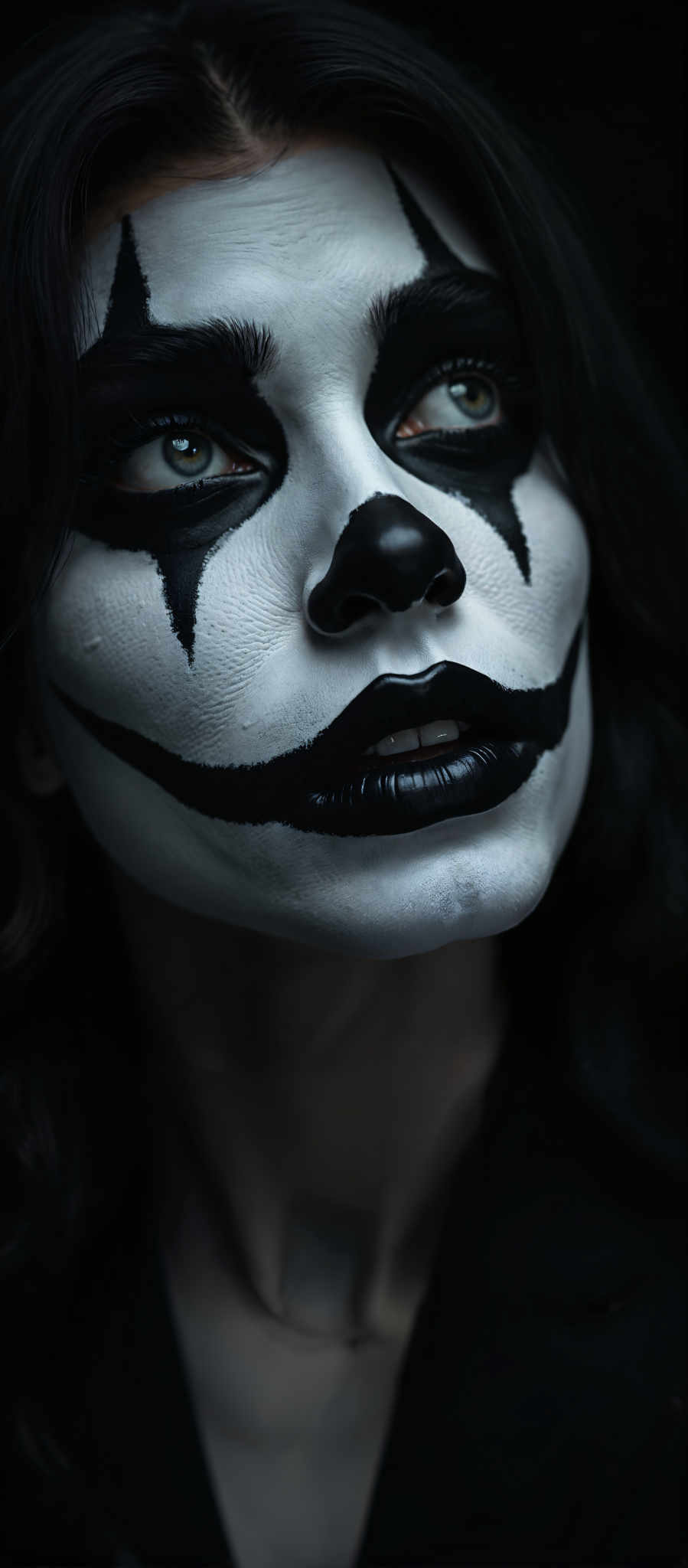 A close up of a person's face painted in black and white with a clown-like appearance. The person's eyes are open and they are looking to the left. The paint is thick and appears to be made of a material like latex. The face is the main focus of the photo with no other objects or background visible. The photo is in black in white which adds to the dramatic effect of the clown-like face. The overall mood of the picture is intense and dramatic.